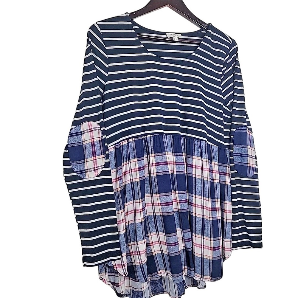 Umgee Womens Babydoll Top Medium Oversized Striped Plaid Elbow Patch Navy - Picture 2 of 6